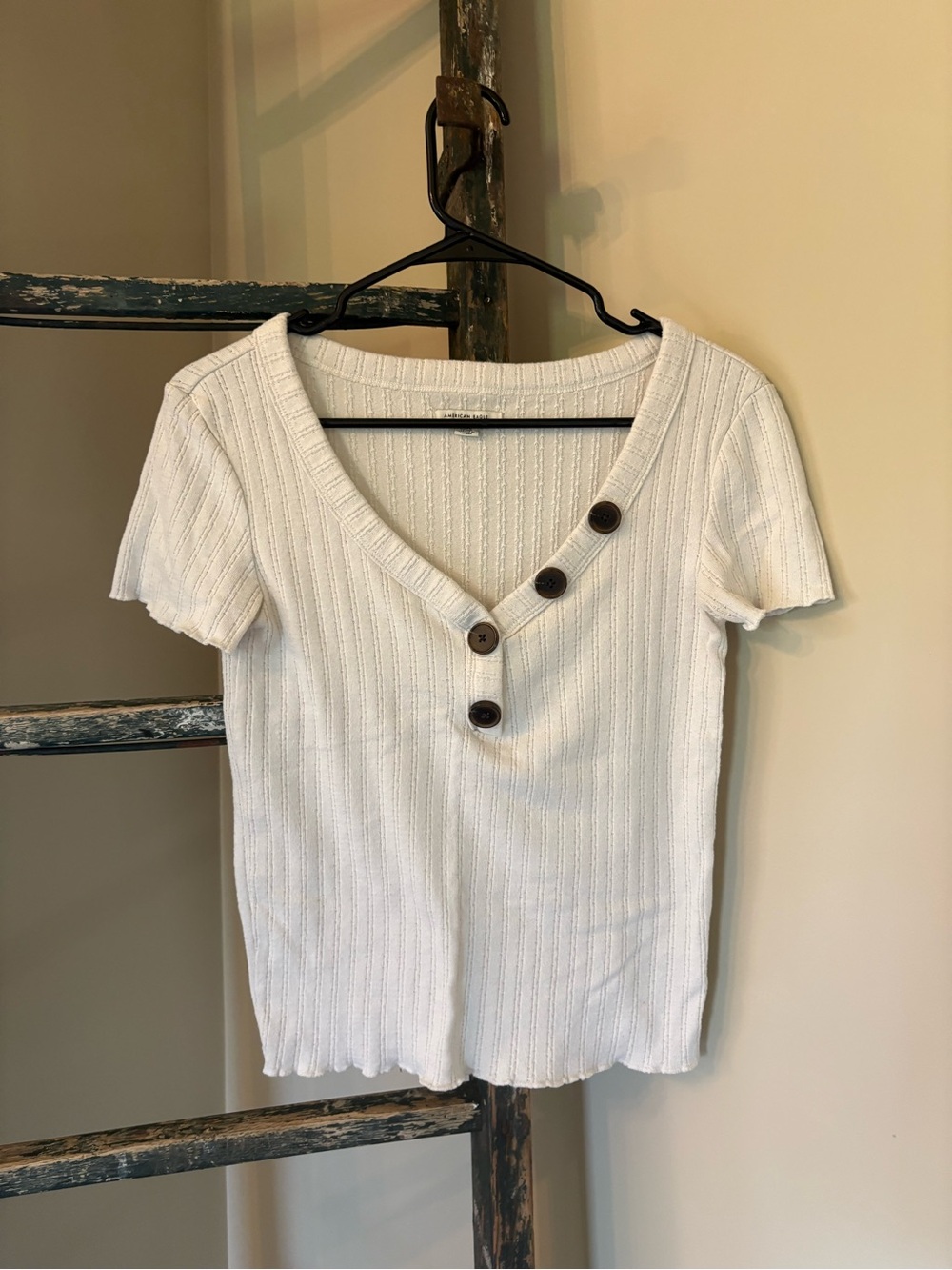 American Eagle Outfitters Cream Ribbed V-Neck Short Sleeve Top with Buttons
